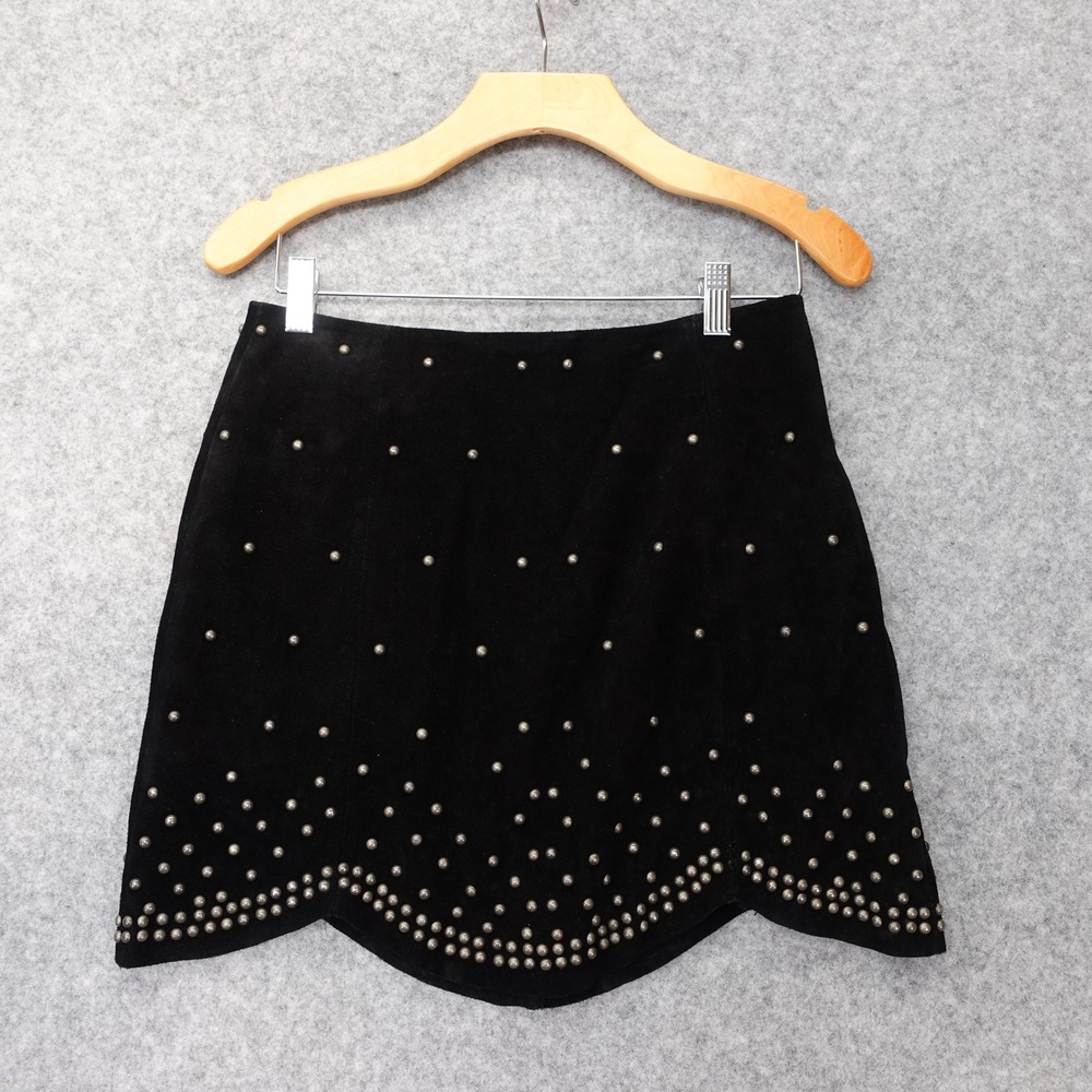 Y2K Boho Western Skirt FREE PEOPLE Womens 4 SMALL Black Suede Leather Studs Rock